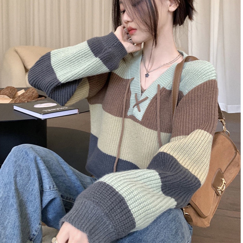Áo Sweater Tay Dài Kẻ Sọc Màu Sắc Tương Phản Phong Cách Hàn Quốc