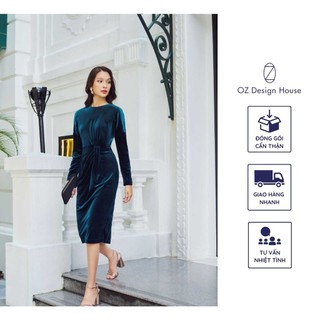 Đầm nữ OZ Design House DA05279WIN22 nhung cổ tròn khít rút nhún chân eo màu xanh lá đậm