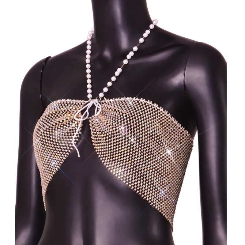 Áo Ngực Dây Xích Đính Ngọc Trai Kim Cương Giả Lấp Lánh Cho Nữ