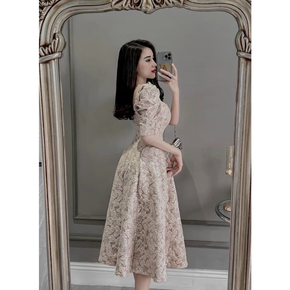 [12/12 Sale Freeship] Đầm cổ vuông chất gấm sang trọng,đầm gấm có mút dập hoa nổi tay ngắn dáng xòe đi tiệc cực đẹp dx