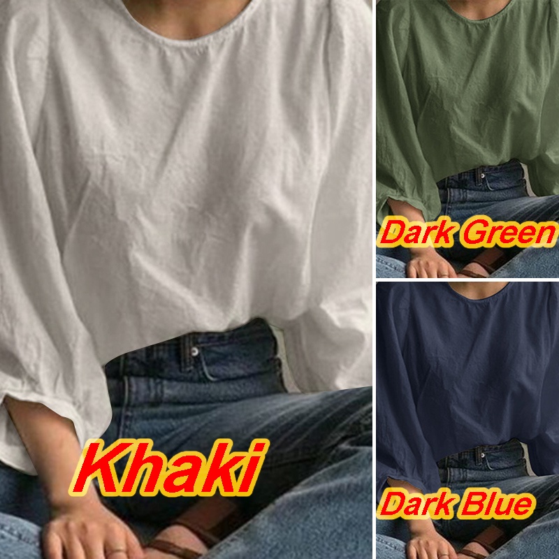 Áo kiểu ZANZEA tay 3/ 4 chất liệu cotton cổ tròn thời trang Hàn Quốc dành cho nữ