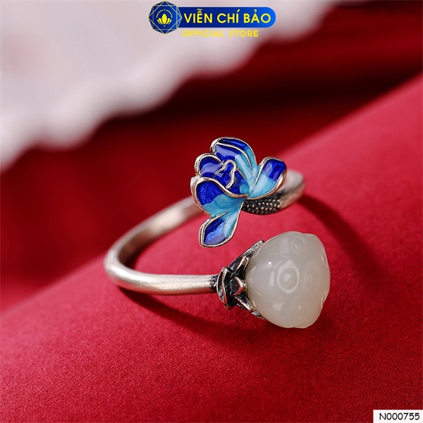 Nhẫn đài sen gắn đá tráng pháp lam chất liệu bạc Thái 925 thời trang phụ kiện trang sức nữ Viễn Chí Bảo N000755