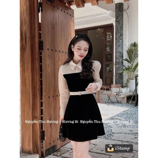 Đầm nhung đen đai lụa rời phối tay