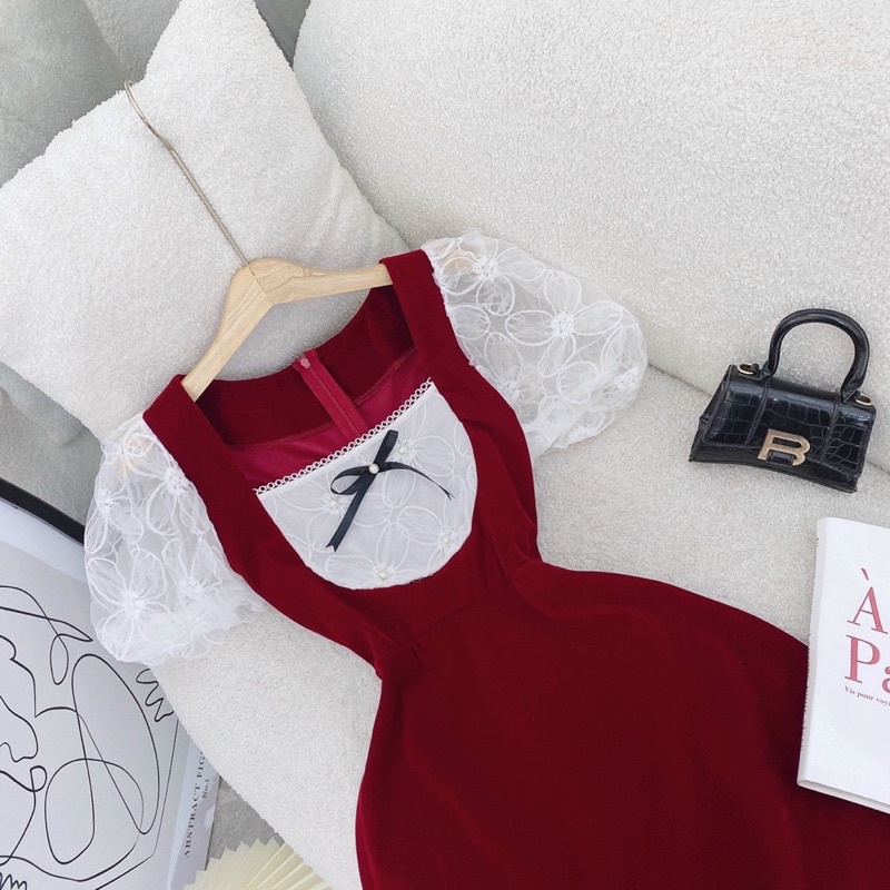 Đầm nhung phối ren 2 màu đen trắng Mixiz House