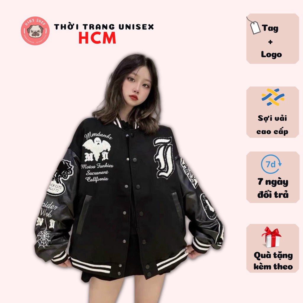 Áo Khoác varsity GHOST vintage chất dạ 2 lớp áo bomber phối tay da Pu cao cấp Thời trang Unisex HCM BB39
