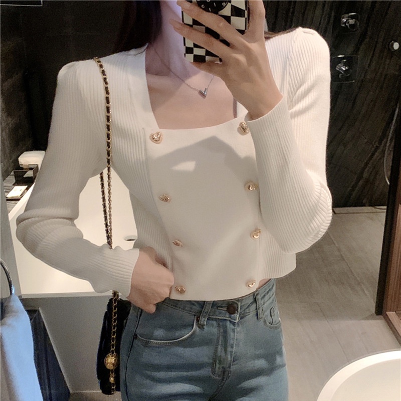 Linki ✤ Fashion solid color long sleeve knitted t-shirt square neck button women sweater