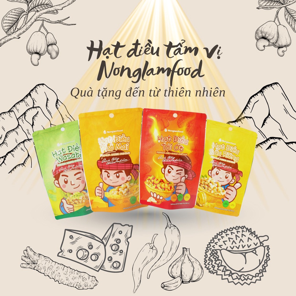 Hạt điều 4 vị | Phô mai | Tỏi ớt | Wasabi | Sầu riêng | 45g Nông Lâm Food nguyên hạt không vỡ, thơm ngon