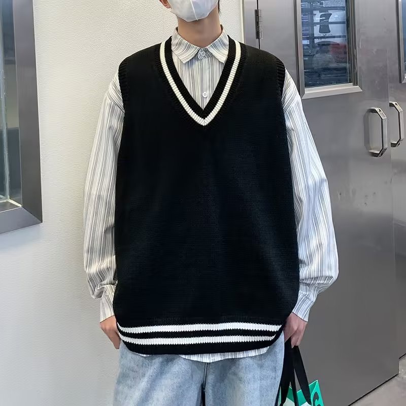 Mới Áo Len Nam Nữ Không Tay Họa Tiết Kẻ Sọc Đơn Giản áo len tăm Phong Cách Hàn Quốc áo len sweater nam