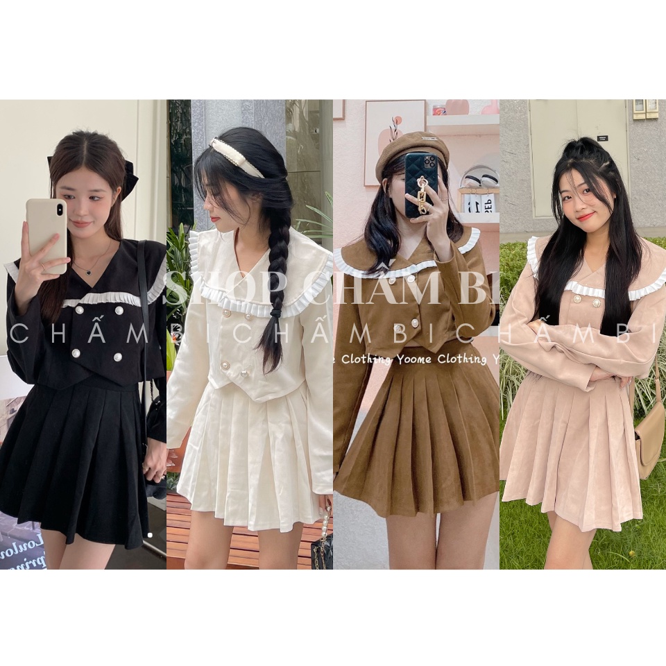 Set đồ nữ đi chơi S.102, Set áo croptop cổ thủy thủ viền trắng kèm chân váy xếp ly dáng ngắn cách điệu - Shop Chấm Bi