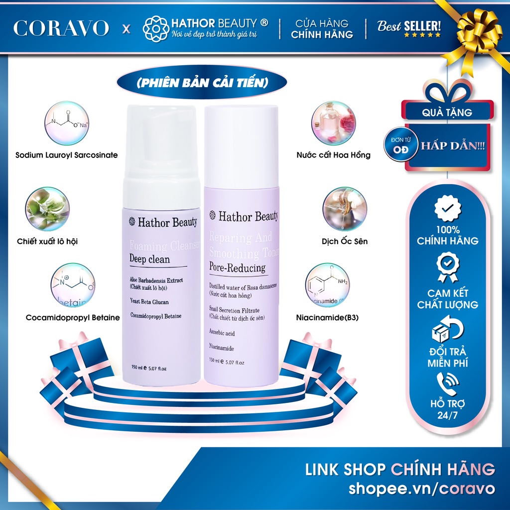 Cặp đôi sữa rửa mặt, nước hoa hồng - Làm sạch, dưỡng ẩm, cân bằng pH, làm mịn da - Hathor Beauty (Kim Thiên Hoa)