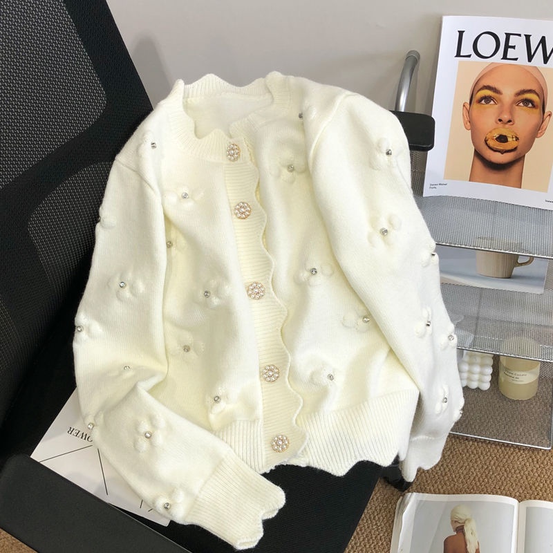Áo Khoác Cardigan Dệt Kim Thêu Hoa Màu Trắng Thời Trang Xuân Thu 2022 Hàng Mới Dành Cho Bạn Nữ