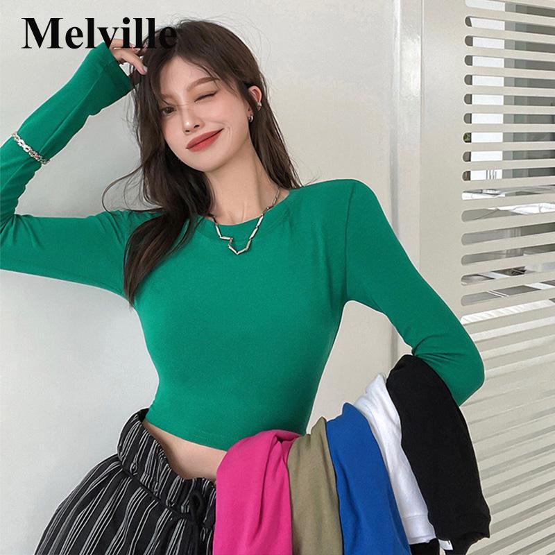 MELVILLE Áo Croptop Tay Dài Cổ Tròn Form Ôm Chất Liệu Mỏng 6 Màu Thời Trang Quyến Rũ🌷Áo thun croptop nữ hàn quốc