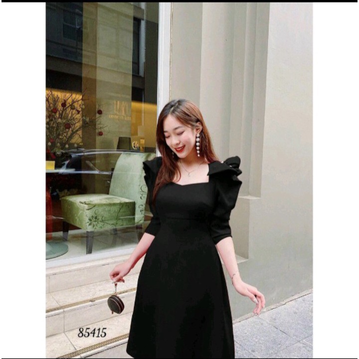 Váy đầm dự tiệc sang trọng màu đen cổ vuông tay phồng dáng xòe qua gối Linhnastore