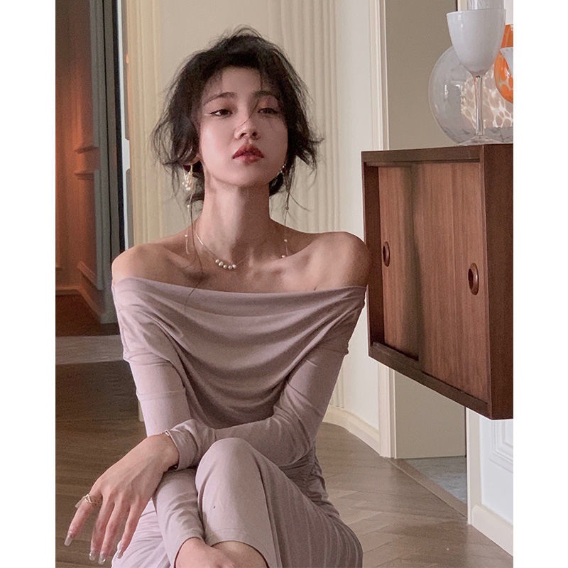 Đầm Tay Dài Hở Vai Màu Sắc Trơn Thời Trang Dành Cho Nữ