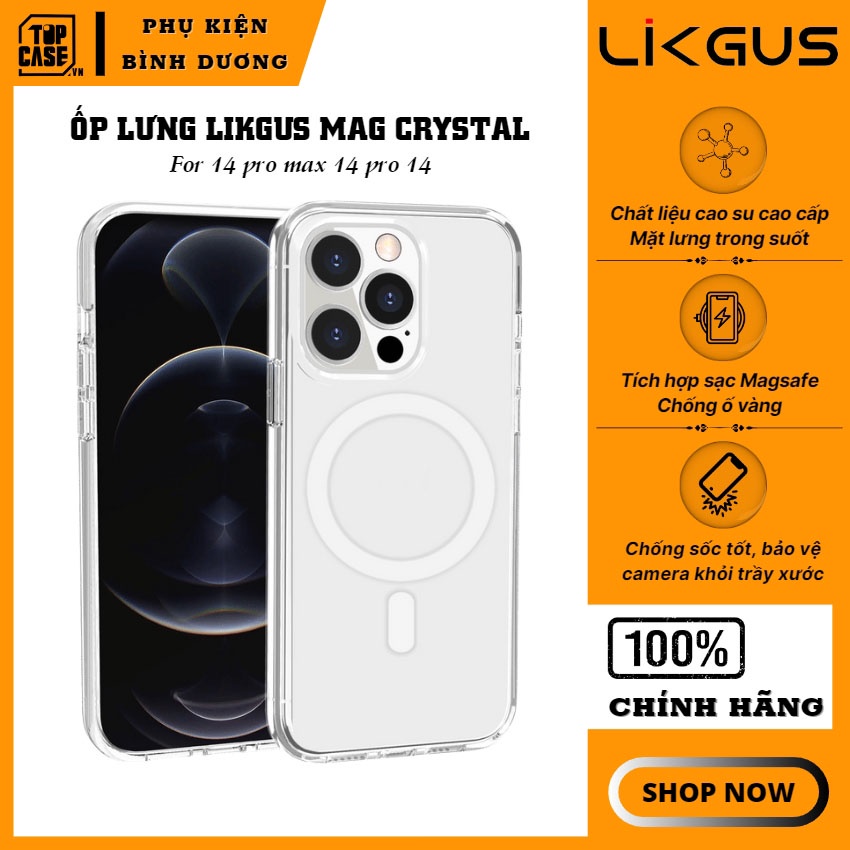 Ốp Likgus Mag Crystal - PKL08 - sạc từ tính, trong suốt, chống ố vàng, IP 14 pro max, 14 pro, 14 - Phụ Kiện Bình Dương