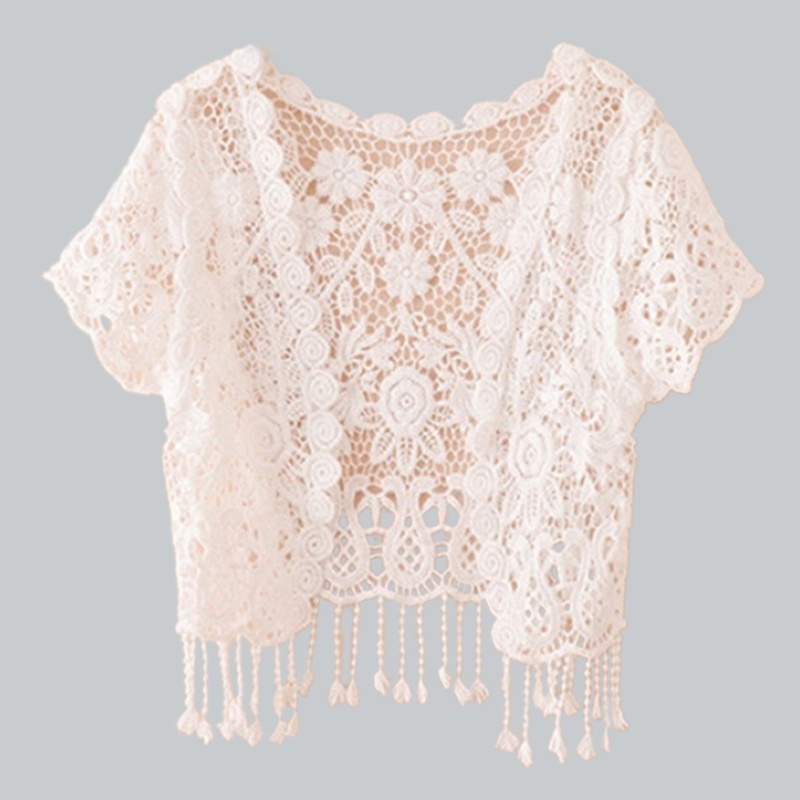 Whi Áo Khoác Cardigan Ren Hoa Tua Rua Phía Trước Cho Nữ Đi Tiệc Tối