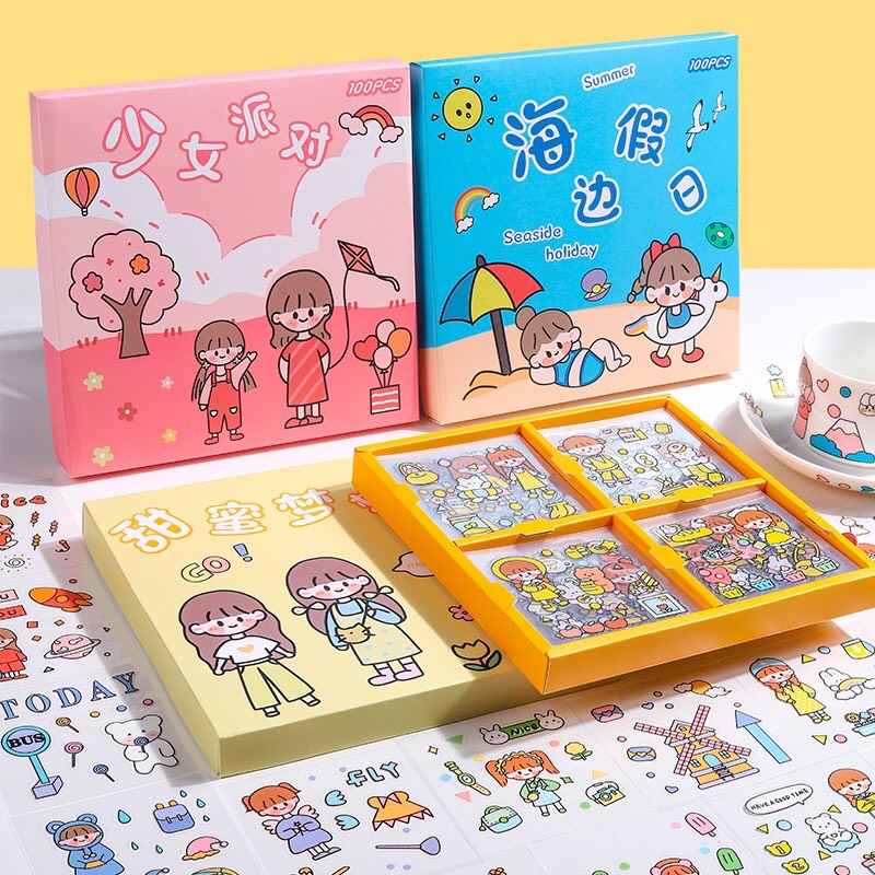 Sticker cute dán nhãn dùng để trang trí sổ tay bình nước dụng cụ văn phòng phẩm