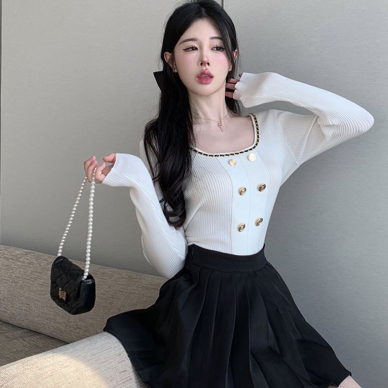 COZOK Áo Dệt Kim Tay Dài Cổ Vuông Dáng Ôm Quyến Rũ Thời Trang Cho Nữ