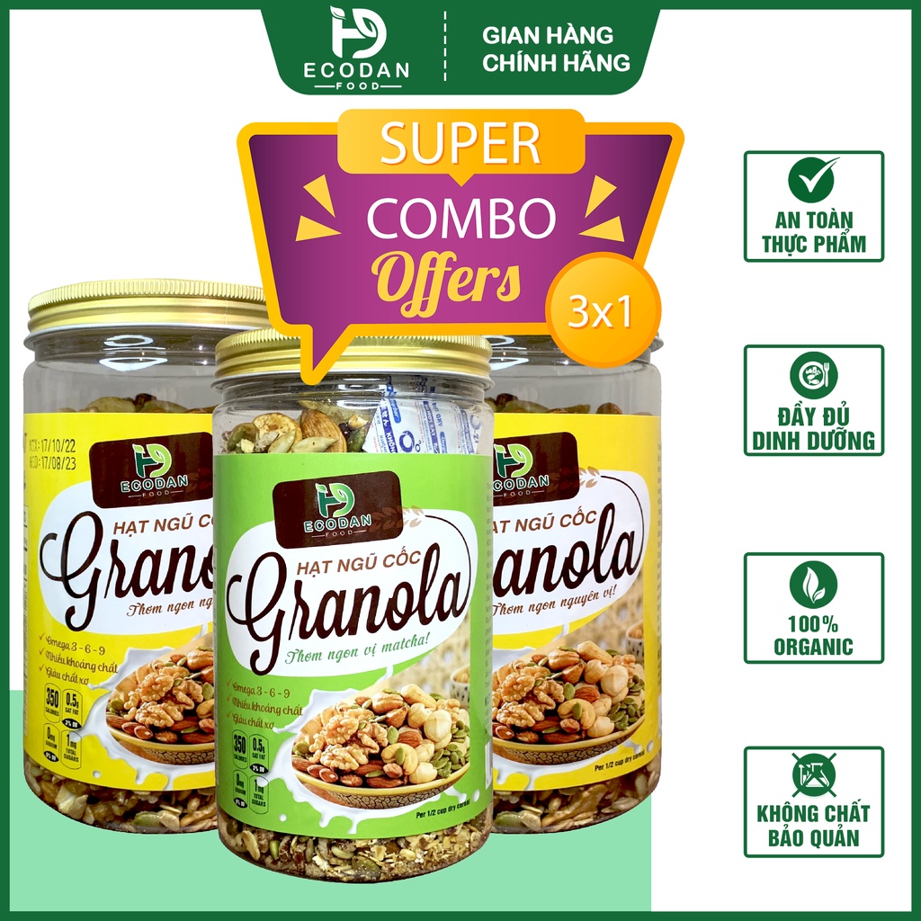 Combo 3 hộp Granola Ecodan Food 90% hạt siêu dinh dưỡng 1500g