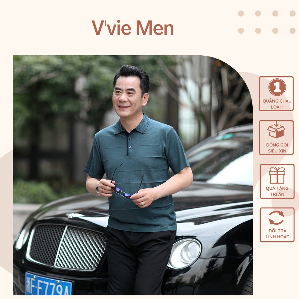 Áo nam polo trung niên thun trơn màu xanh cổ vịt không túi M2
