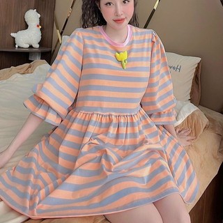 Đầm babydoll thun sọc tay lửng đính hoa so cute
