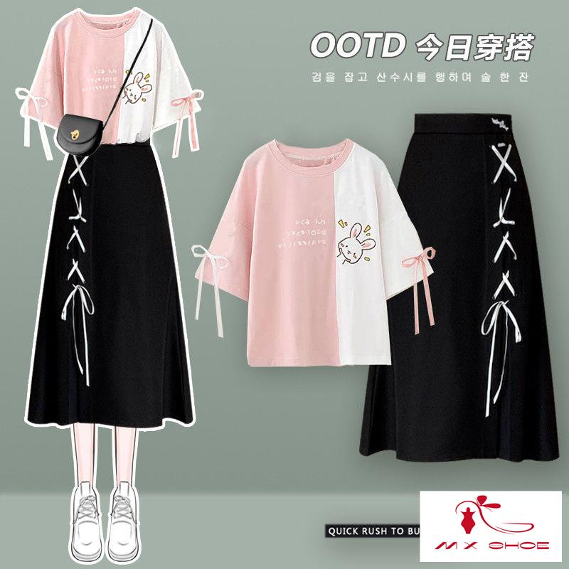 Set Áo Thun Tay Ngắn Dáng Rộng Thêu Họa Tiết + Chân Váy Thời Trang 2022 Cho Nữ