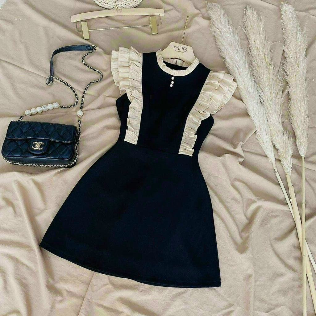 Đầm Váy Nữ Midi Phối Béo Vai Dáng Tiểu Thư Cổ Tròn