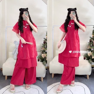 Set Áo Dài Voan Đỏ Đính Hoa Hèo Studio (Ảnh Thật)