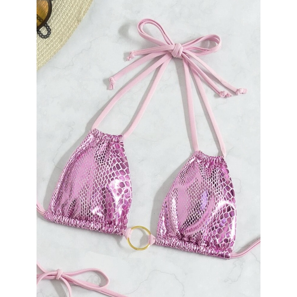 SET BIKINI 3 MÓN HỒNG DA RẮN KHUY TRÒN KÈM CHÂN VÁY