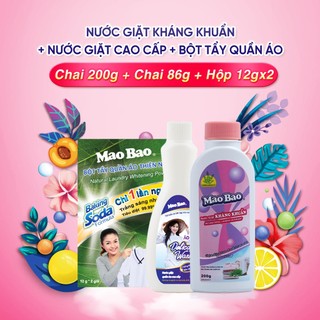 Combo nước giặt quần áo kháng khuẩn 200g + nước giặt quần áo cao cấp mao bao 86g + bột tẩy quần áo thiên nhiên 12gx2 gói