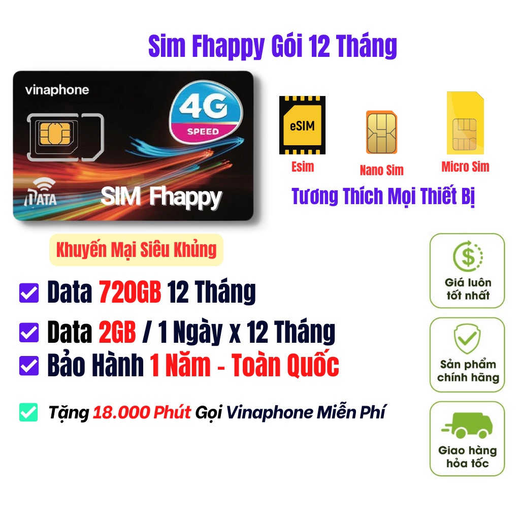 Sim Fhappy Data 2GB 1 Ngày Sử Dụng 720GB 1 Năm , Miễn Phí 1000 Phút Gọi Nội Mạng , Bảo Hành Toàn Quốc 12 Tháng