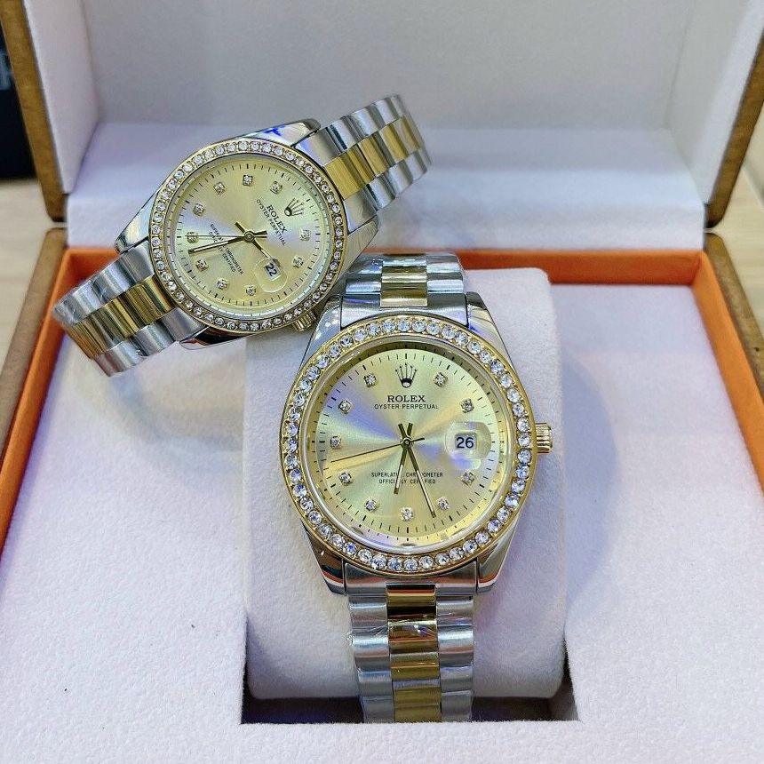 Đồng hồ nam nữ Rolex - viền đá dây kim loại chống nước - Combo Quà Chất