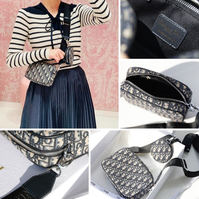 Túi đeo chéo D.I kèm ví(nam&amp;nữ) sz20x13cm phụ kiện tag bạc vải họa tiết thêu nổi fullbox