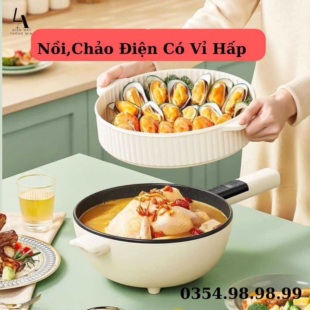 Chảo Điện Đa Năng Chống Dính Dung Tích 4Lít, Nồi Điện Xào Hấp Chiên Rán Nấu Lẩu Có Vỉ Hấp