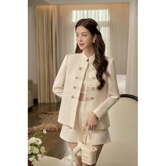 Sét dạ tweed màu trắng kem tiểu thư sang nữ tính