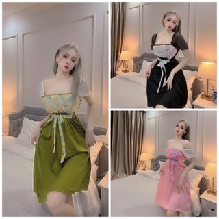 Bộ đầm lụa phối voan, lụa latin cao cấp, dây cột eo