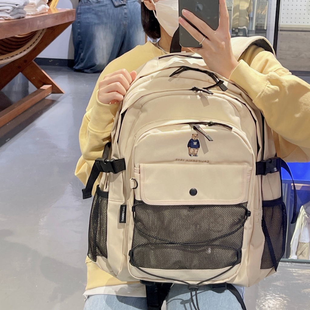Hàn Quốc WHO.A.U Gấu thêu ba lô lưới phối cảnh phía sau ba lô túi du lịch túi du lịch wh