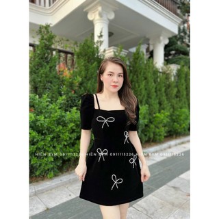 Đầm nhung tay phồng đính nơ đá 2m