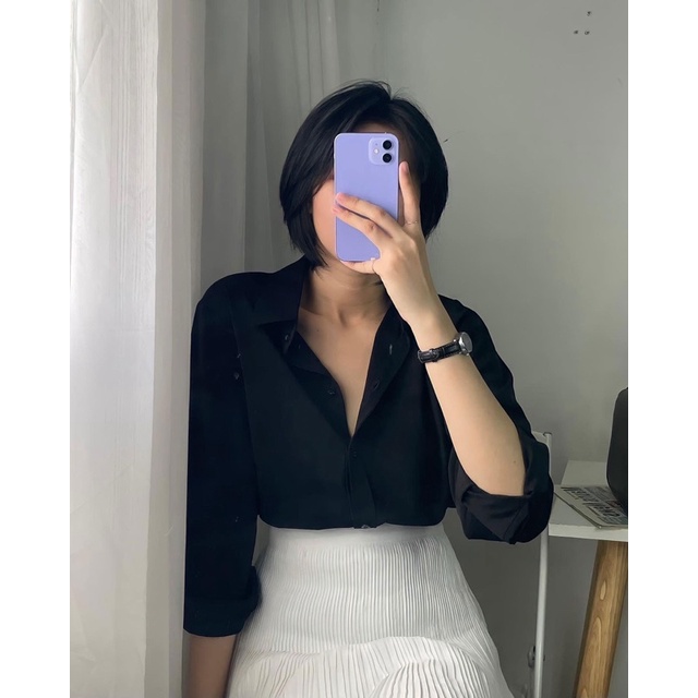 Áo sơ mi nữ màu đen dài tay dáng suông kiểu Hàn Quốc form rộng chất mát không nhăn mã AAS452