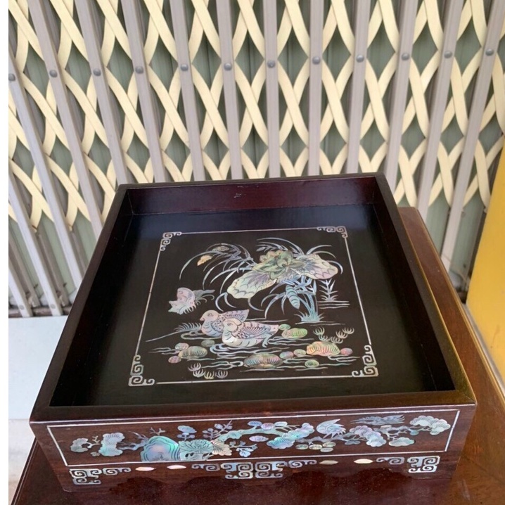 Khay trà gỗ gụ khảm ốc - Kích thước vuông 25 cm