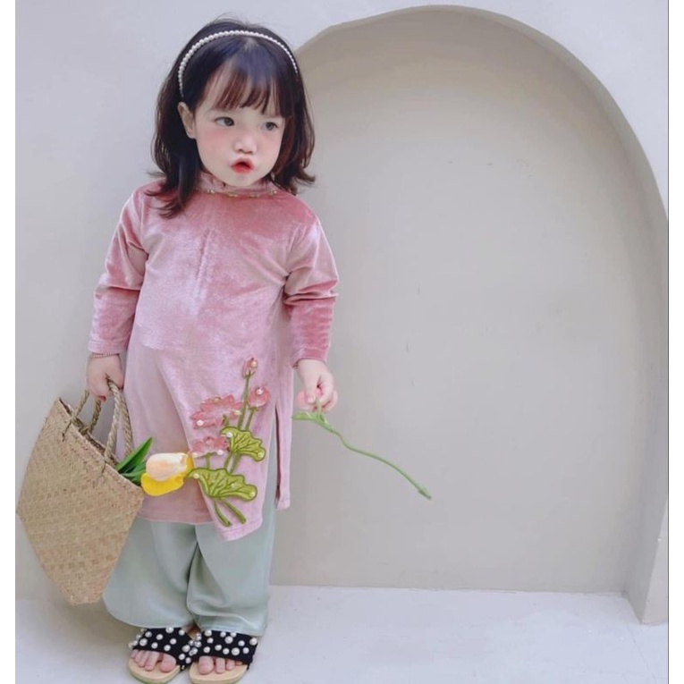 (8-34kg) Áo Dài Cách Tân Bé Gái Hoa Sen set 3 chi tiết nhí đại