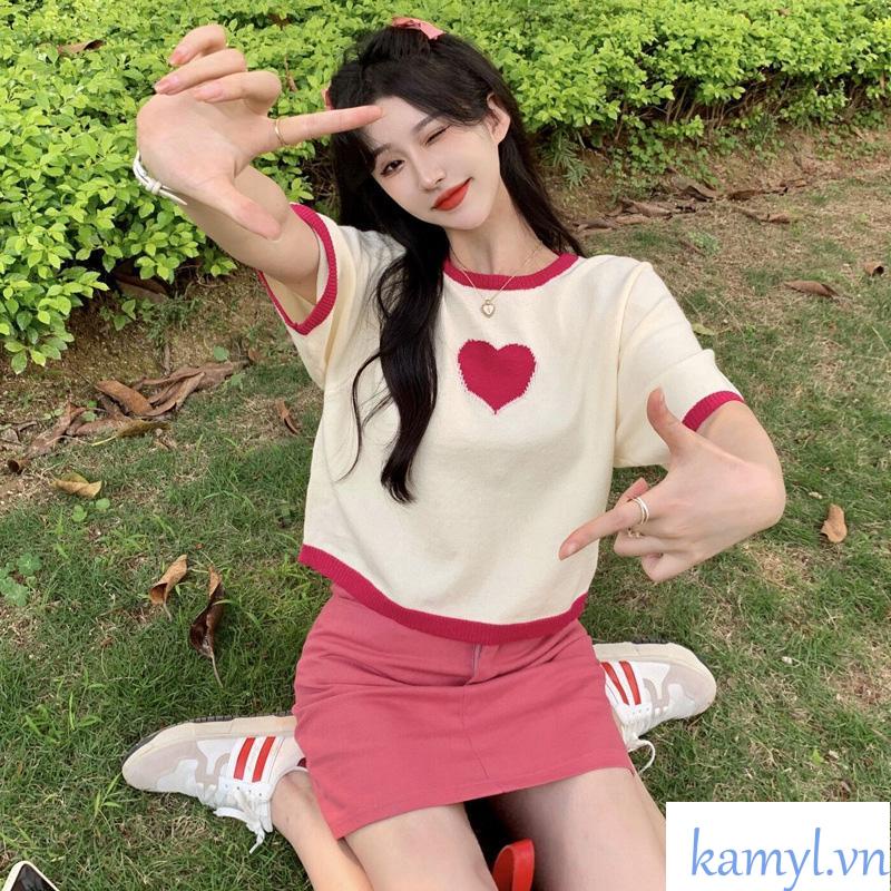 Áo Thun Dệt Kim Dáng Rộng Thời Trang Mùa Hè Cho Nữ hình trái tim Ngắn tay