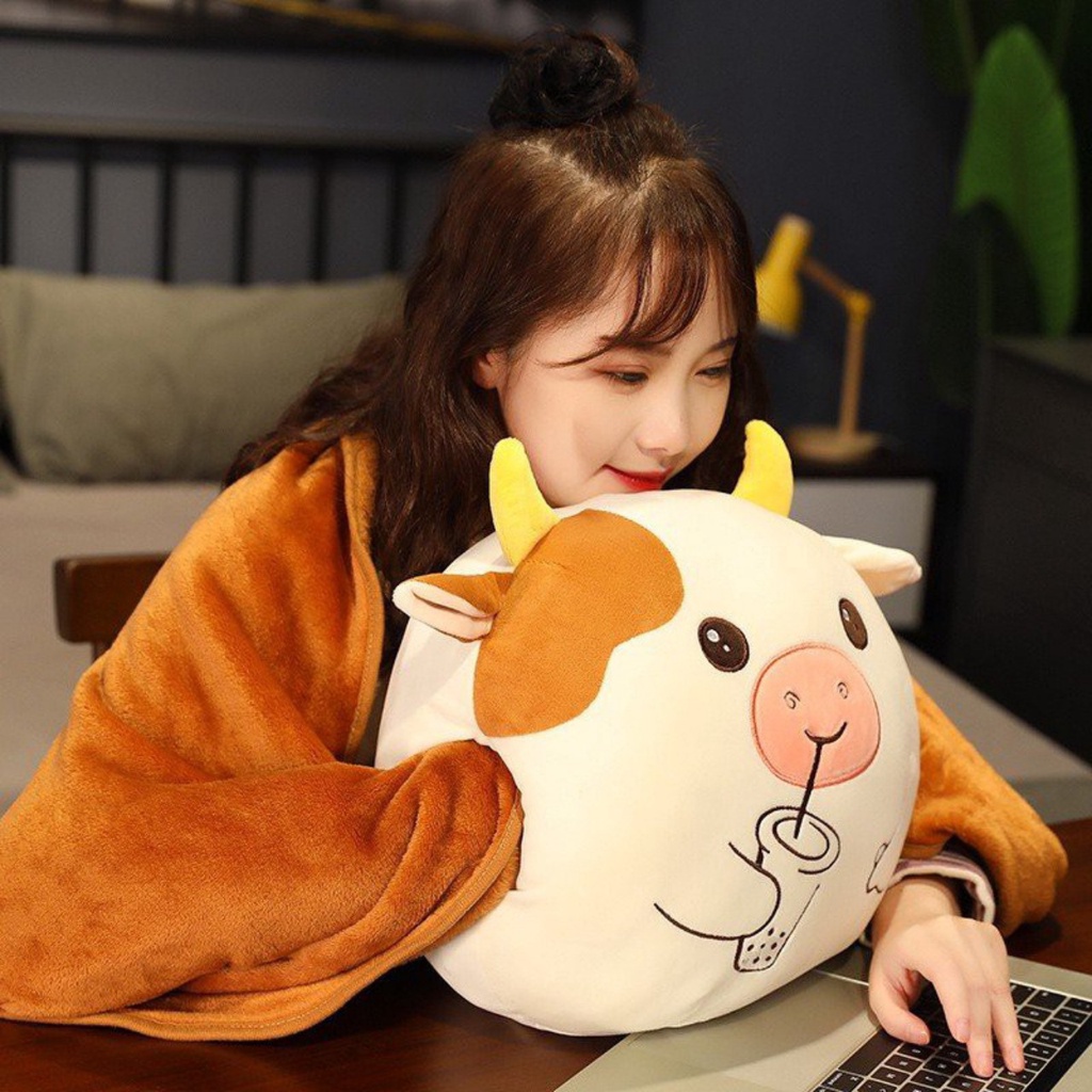 Bộ chăn gối 2in1 đa năng Bò sữa cho văn phòng, bé đi học đáng yêu