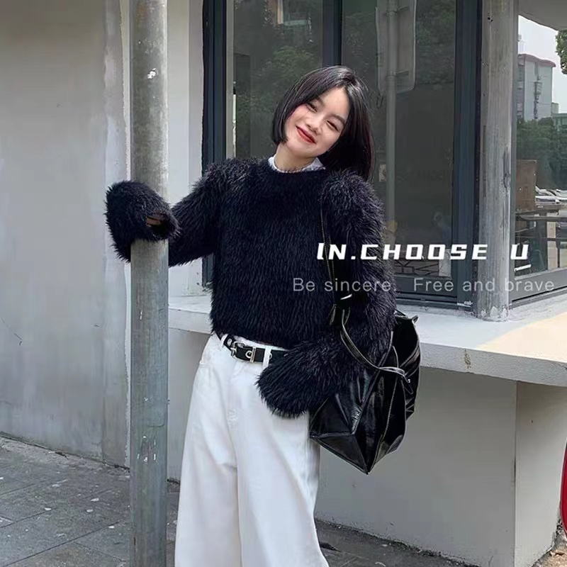 Áo Sweater Lông Chồn Màu Đen Dáng Ngắn Thời Trang Thu Đông 2022 Dành Cho Nữ
