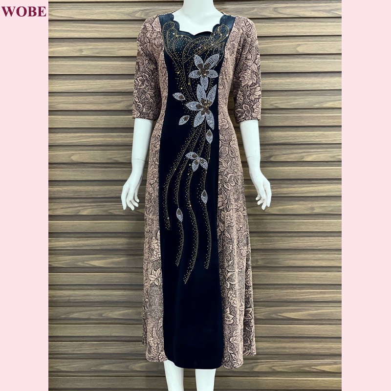 Đầm dạ hội trung niên chất nhũ kim sa co giãn cực tốt cho mẹ dự tiệc sang trọng bigsize DN10 VÀNG- WB WOMAN &amp; BEAUTY