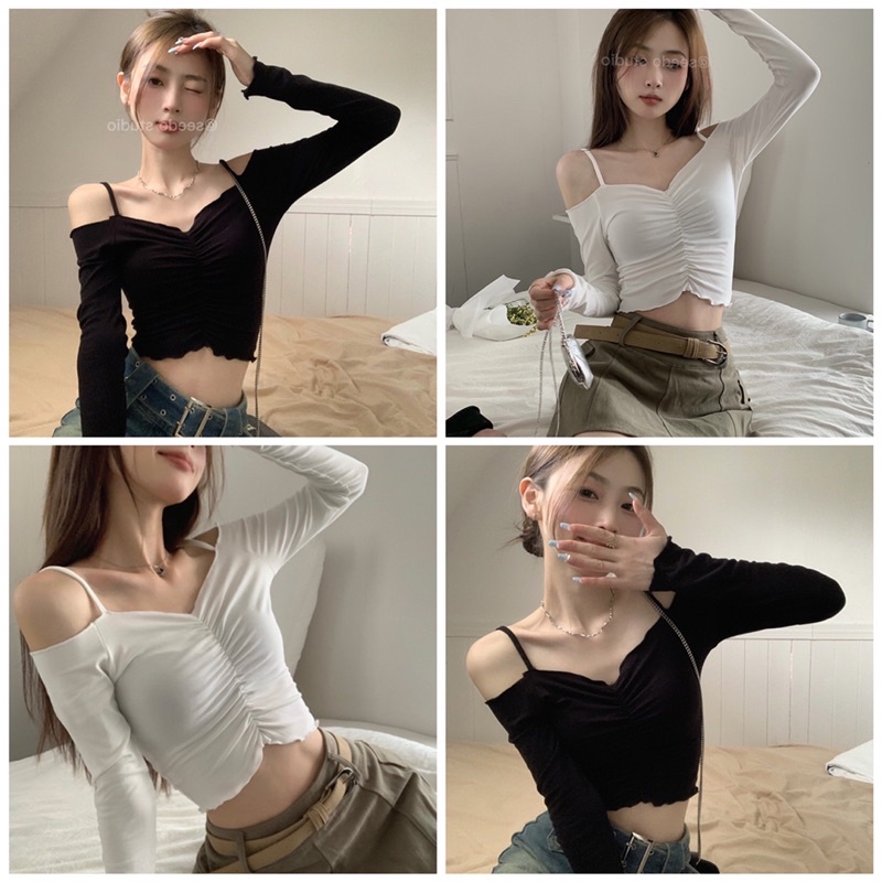 Áo kiểu thun croptop trễ vai chít ngực phối hai dây cho nữ