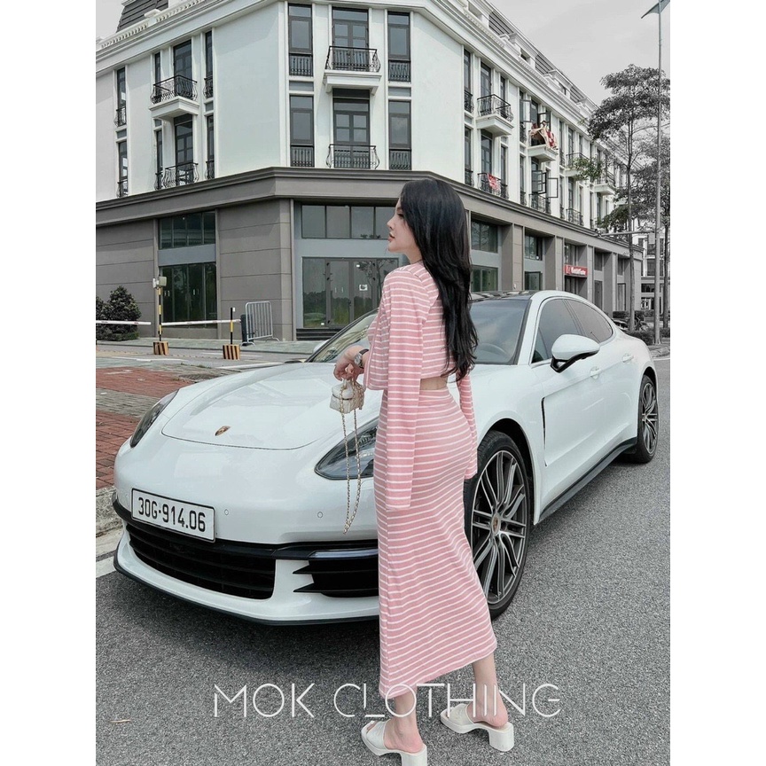 Set đầm nữ 3 món, set áo 2 dây kẻ sọc chân váy dài ôm body kèm áo khoác ngoài tay dài mtb