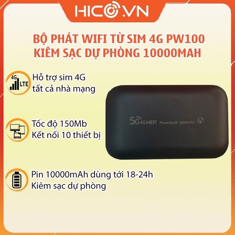 Bộ Phát Wifi 4G Poket PW100 Tốc Độ 150 Mbps Dung Lượng Pin 10000 mAh Kiêm Sạc Dự Phòng, Thiết Bị Phát Wifi Từ Sim