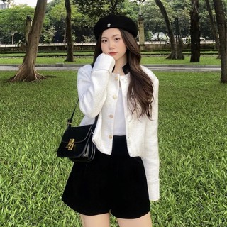 Áo dạ tweed phối tay sơ mi trăng (ảnh thật)