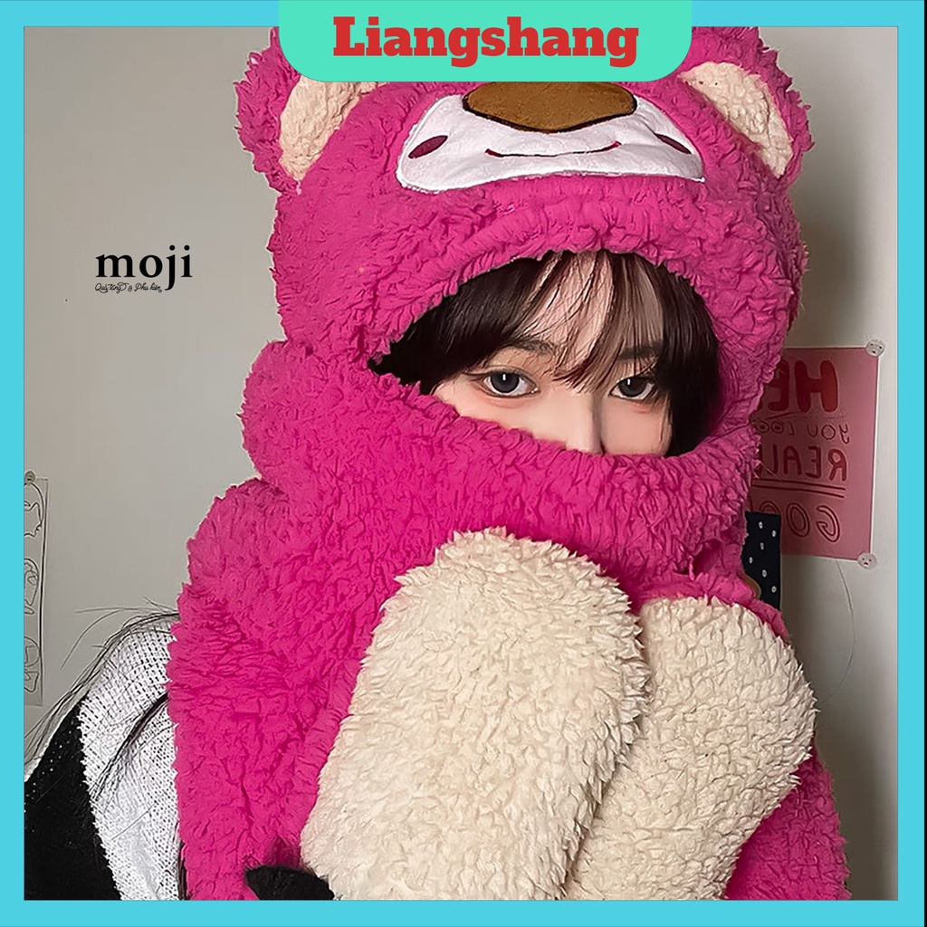 Mũ kèm khăn Gấu PINKY🍁FREESHIP🍁Mũ Kèm Khăn Quàng Cổ Và Sỏ Tay Hình Hoạt Hình Dễ Thương